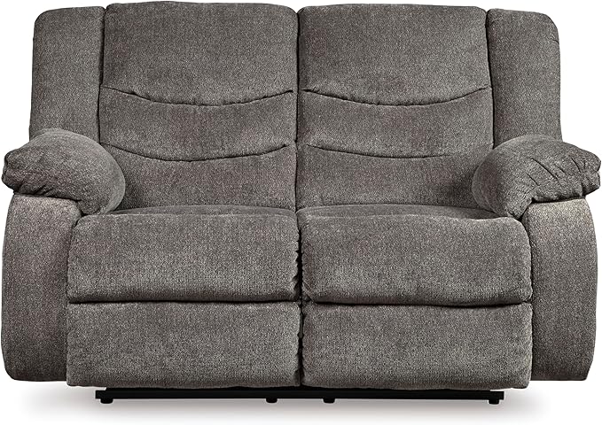Signature Design by Ashley Tulen Reclining Loveseat, Dual-sided Recliner, Pull Tab Reclining Motion, Fabric Upholstery, 63" W x 40" D x 40" H, Dark Gray