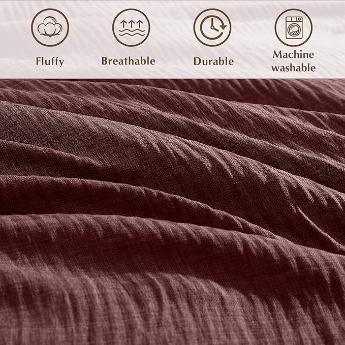 Geniospin King Size Comforter Set- 7 Piece Burgundy Textured King Bedding Set, Soft Solid Bed in a Bag for All Season, King Comforter Set with Sheets(Burgundy,102''x90'')