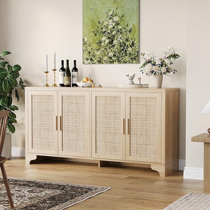Garvee Natural Rattan Storage Cabinet with Shelves, 4-Door Sideboard Buffet Cabinet, Boho TV Stand Console Table for Living Room, Entryway, Dinning Room