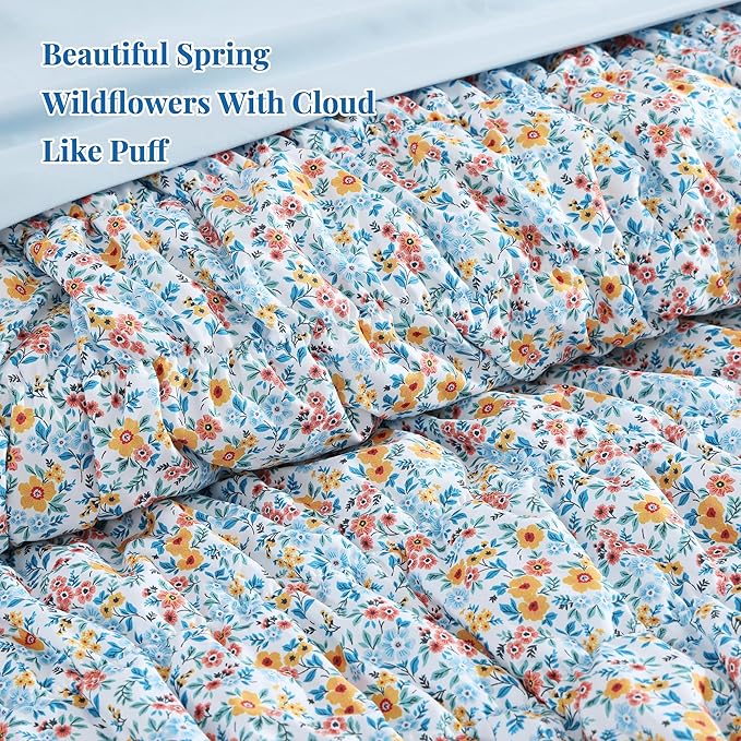 King Comforter Set - 7 Pieces Blue Classic Puff Floral Bedding Sets for All Seasons, Shabby Chic Farmhouse Bed in a Bag King with Wildflowers Fluffy Comforter, Sheets, Pillowcases & Shams