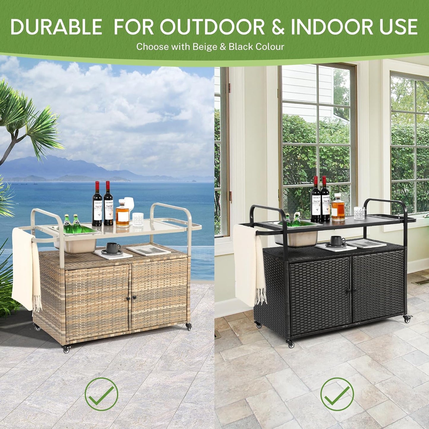 Wicker Outdoor Bar Cart with Ice Bucket, Patio Bar Table with 2 Ratten Doors Cabinet and Casters for Grill, Kitchen and Garden,Beige