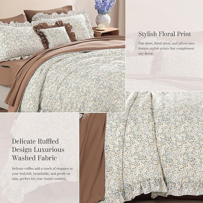 Full Comforter Set - 7 Pieces Ruffle Beige Ditzy Bedding Sets, Shabby Chic Farmhouse Bed in a Bag Full with Floral Comforter, Sheets, Pillowcases & Shams