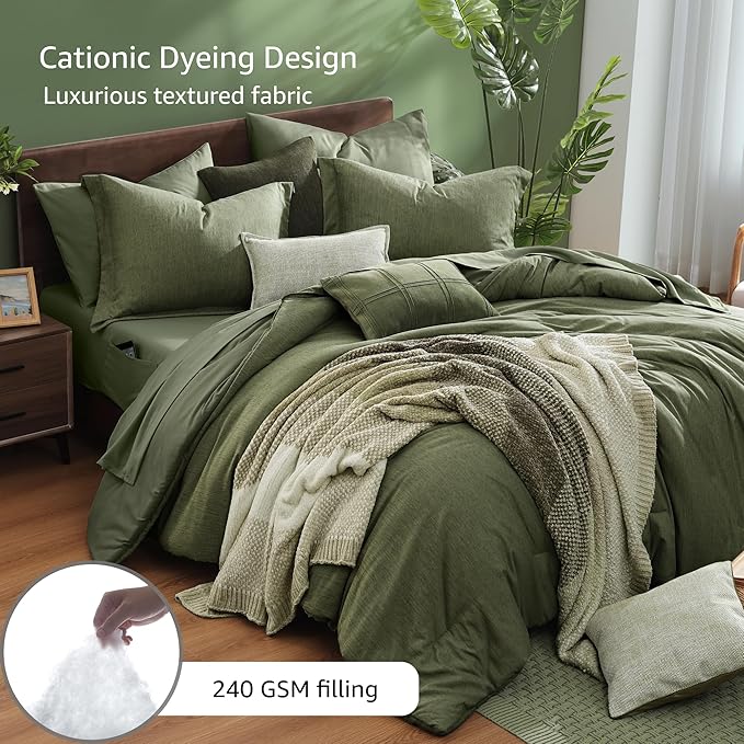 Monbix Super King Plus Comforter Set, Olive Green Cationic Dyeing Bedding Set Reversible, Bed in a Bag 7 Pieces with Comforter, Sheets, Pillowcases & Shams