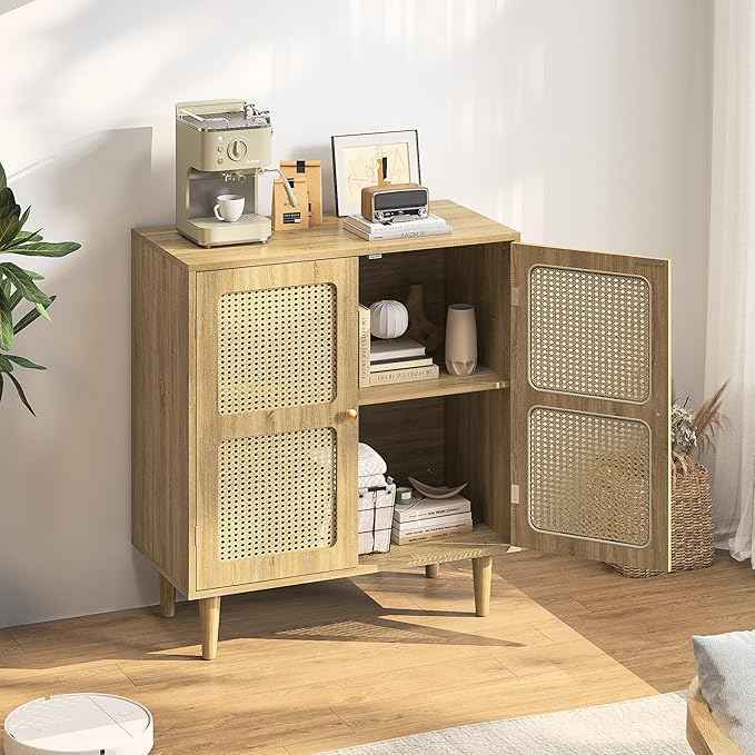 Rattan Sideboard Buffet Cabinet with Storage,Boho Credenza Accent Cabinet with 2 Magnetic Doors and Adjustable Shelves and Solid Wood Legs for Dining Room, Entryway, 31.5" x 15.8" x 34.6"