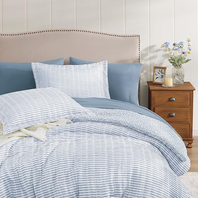 Full Comforter Set - 7 Pieces Blue Gauze Muslin Bedding Sets for All Seasons, Lightweight Breathable Bed in a Bag Full with Revesible Farmhouse Comforter, Sheets, Pillowcases & Shams