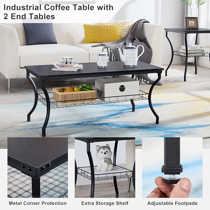 VECELO 3 Pieces Living Room Table Sets, Coffee and End Tables with Open Storage Shelves for Apartment, Home Office, Small Space, Easy Assembly, Black
