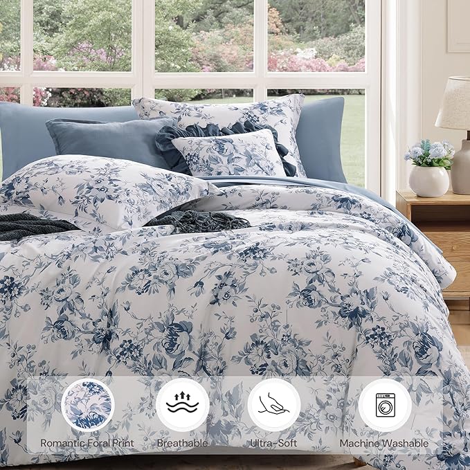 Queen Comforter Set -7 Pieces Floral Blue Comforter Set for All Seasons, Bed in a Bag Queen with Botanical Flowers Comforter, Sheets, Pillowcases & Shams