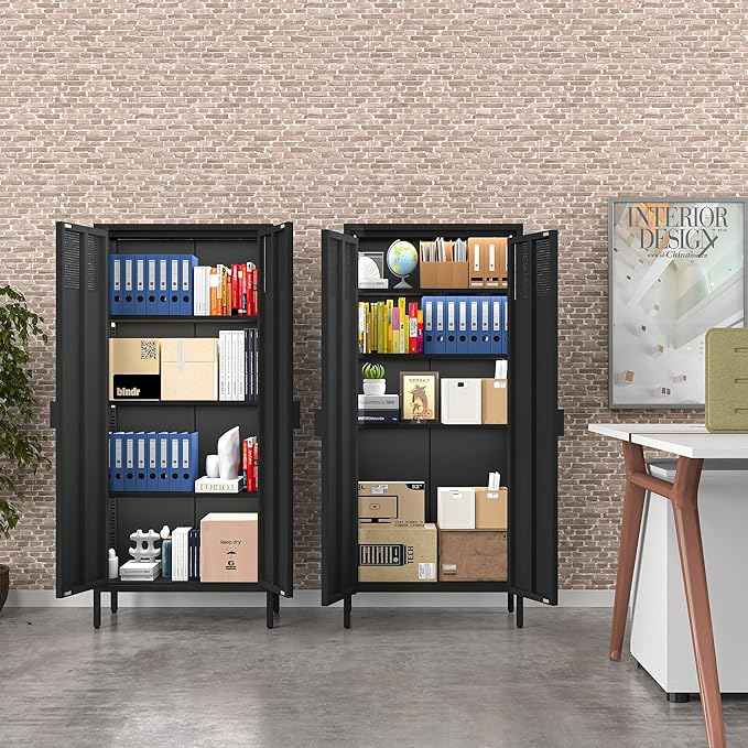 COFaR 4 Tier Black Metal Storage Cabinet, Free Standing with 2 Doors, 3 Adjustable Shelves and Legs, Cupboard Metal Cabinet for Living Room, Kitchen, Dining Room, Office