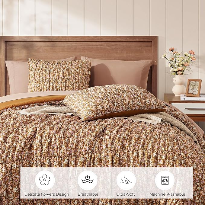 Full Size Comforter Sets-7 Pieces Puff Brown Floral Bedding Set for All Seasons, Shabby Chic Farmhouse Bed in a Bag Full with Floral Comforter, Sheets, Pillowcases & Shams