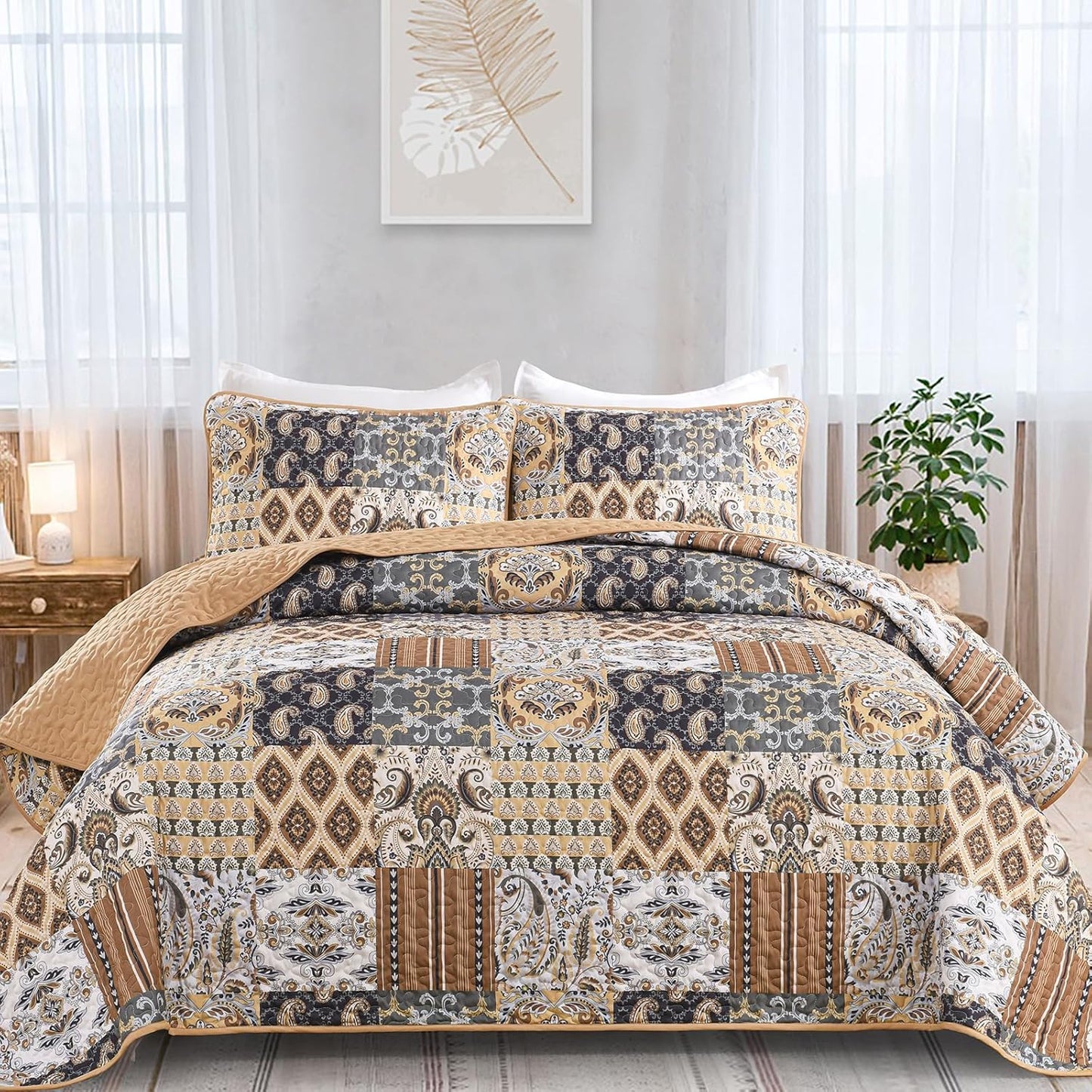 WONGS BEDDING Boho Quilt Set King Size, Dark Brown Plaid Patchwork Bedspread Bedding Set Soft Microfiber Quilt for King Bed Reversible 3 Pieces Coverlet Set for All Season (104"x90")
