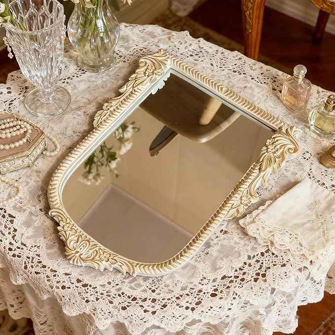 Baroque White Vintage Vanity Mirror 13x10 Inch, Wall-Mounted & Tabletop Dual-Use, Ornate Gold Accent Retro Decorative Mirror for Bedroom Dresser, Bathroom, Living Room and Dorm