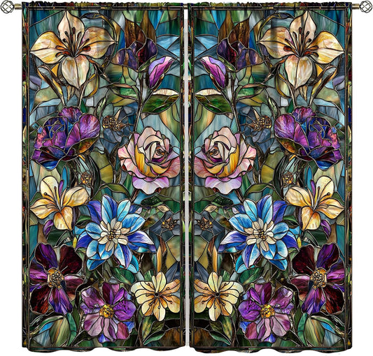 Stained Glass Curtains,Retro Colored Glass Flowers Art Home Decor Drapes for Bedroom Living Room Kitchen Window Treatment 2 Panels Set Total Size 72" W X 63" L Inch