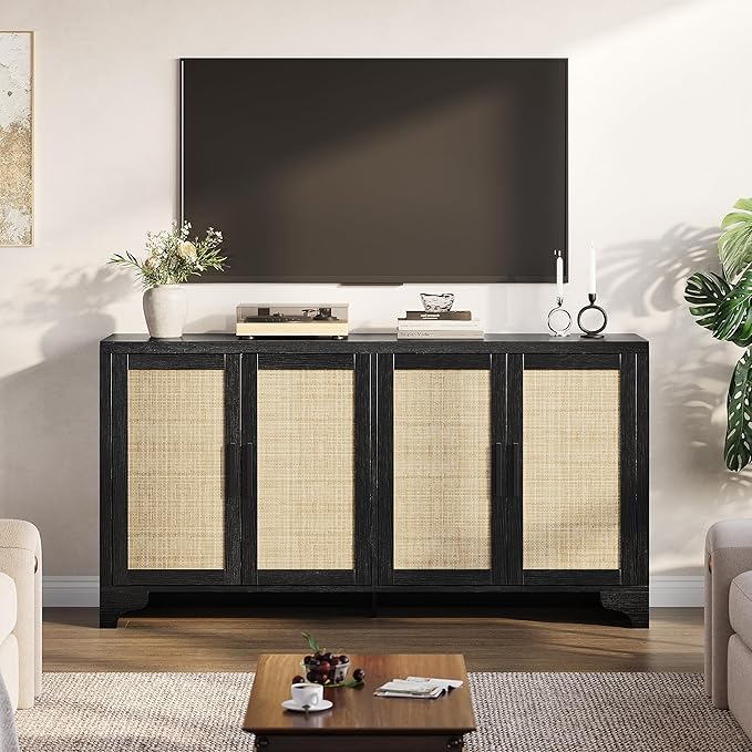 Garvee Natural Rattan Storage Cabinet with Shelves, 4-Door Sideboard Buffet Cabinet, Boho TV Stand Console Table for Living Room, Entryway, Dinning Room