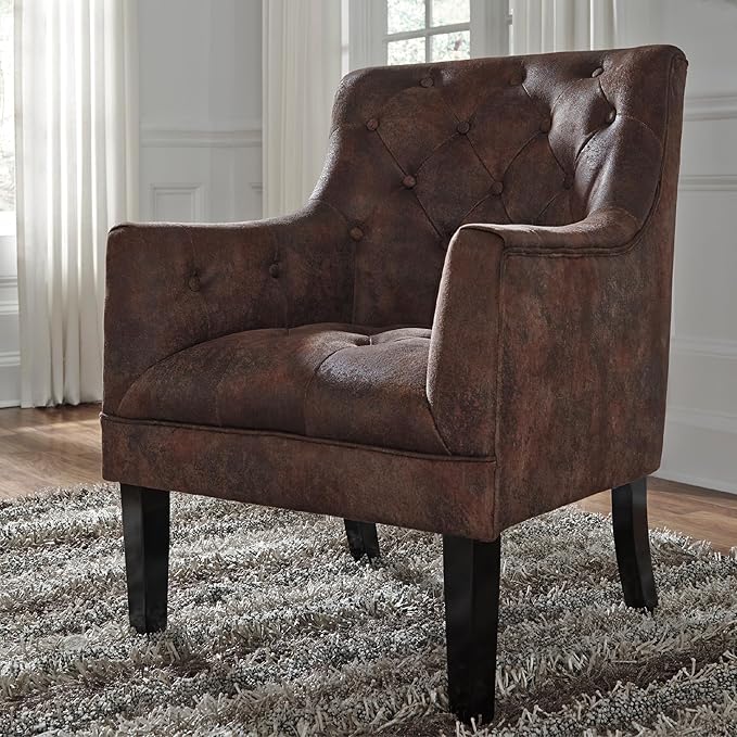 Signature Design by Ashley Drakelle Traditional Accent Chair with Diamond Button Tufting, Attached Cushions, Fabric Upholstery, 20.5" Seat Height, Dark Brown