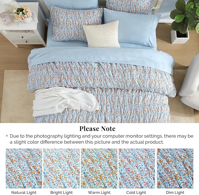 King Comforter Set - 7 Pieces Blue Classic Puff Floral Bedding Sets for All Seasons, Shabby Chic Farmhouse Bed in a Bag King with Wildflowers Fluffy Comforter, Sheets, Pillowcases & Shams