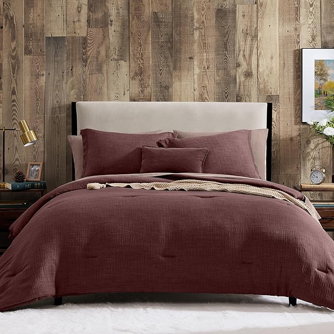 Geniospin King Size Comforter Set- 7 Piece Burgundy Textured King Bedding Set, Soft Solid Bed in a Bag for All Season, King Comforter Set with Sheets(Burgundy,102''x90'')