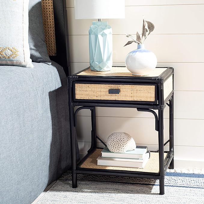 SAFAVIEH Home Collection – Roya Black & Natural Nightstand with Drawer & Shelf, Coastal Accent Table, Bamboo-Style Frame & Rattan Drawer (NST4005D)