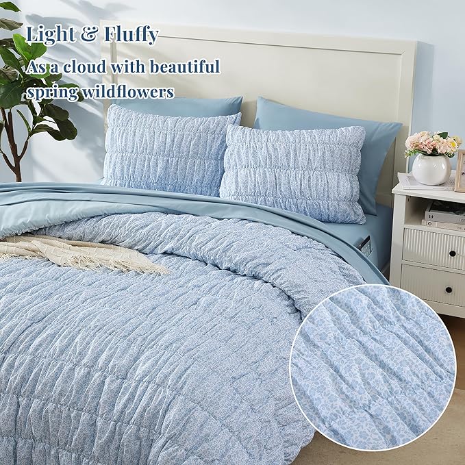 Queen Comforter Set - 7 Pieces Blue Classic Puff Floral Bedding Sets for All Seasons, Shabby Chic Farmhouse Bed in a Bag Queen with Wildflowers Fluffy Comforter, Sheets, Pillowcases & Shams