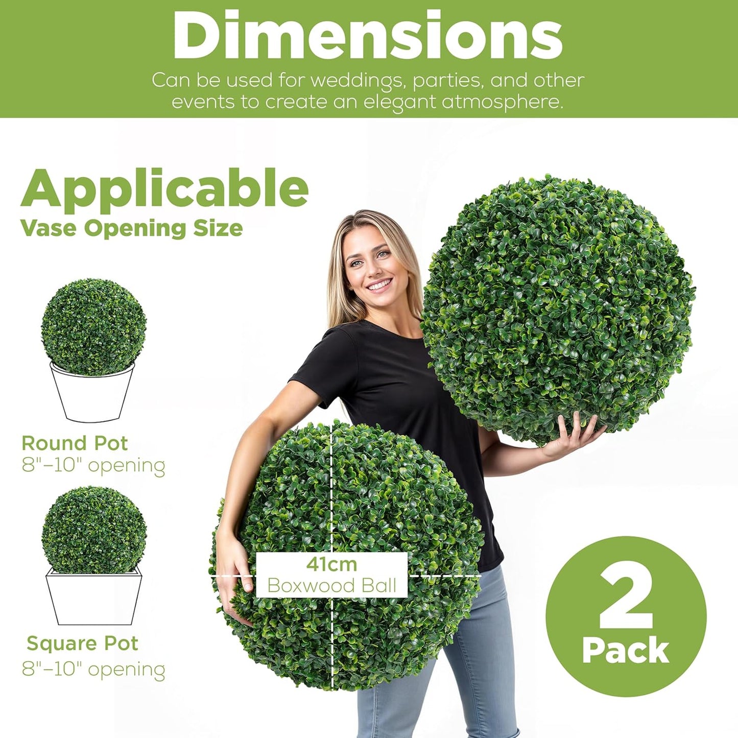 DRAY Premium 16.14" Faux Boxwood Balls – Set of 2 Artificial Topiary Spheres for Outdoor & Indoor Use – Realistic, UV-Resistant, Weatherproof Decorative Greenery – Check Measurements