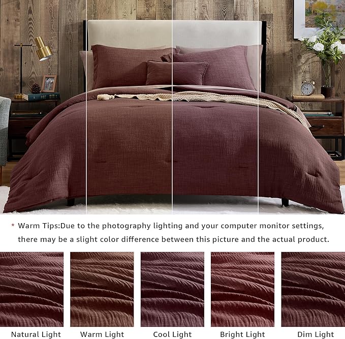 Geniospin King Size Comforter Set- 7 Piece Burgundy Textured King Bedding Set, Soft Solid Bed in a Bag for All Season, King Comforter Set with Sheets(Burgundy,102''x90'')