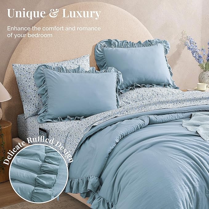 Oversized King Comforter Set - 7 Pieces Ruffle Blue Bedding Sets, Shabby Chic Farmhouse Bed in a Bag with Ruffle Comforter, Floral Sheets, Pillowcases & Shams