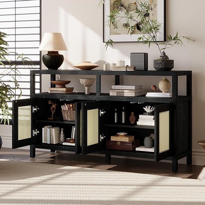Ball & Cast 60" Rattan Buffet Sideboard Cabinet with Storage, Modern Boho Coffee Bar w/Push-to-Open Doors & Adjustable Shelves, Wood Console Cabinet for Kitchen,Livingroom & Dining Room, Black