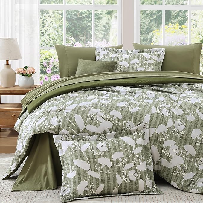 King Comforter Set -7 Pieces Olive Green Floral Comforter Set for All Seasons, Bed in a Bag King with Botanical Flowers Comforter, Sheets, Pillowcases & Shams