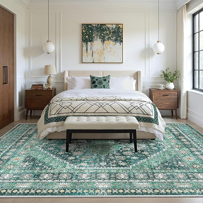 zesthome 6x9 Area Rug, Super Soft Washable Rugs for Living Room, Non-Slip Stain Resistant Vintage Rugs, Ultra-Thin Large Area Rugs(Green/Teal,6'x9')