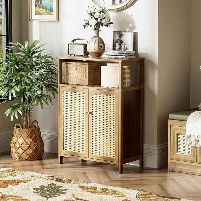 HITNET Rattan Bathroom Floor Cabinet, Freestanding Bamboo Storage Cupboard with 2 Doors, Living Room Sideboard, Space Saving, Walnut