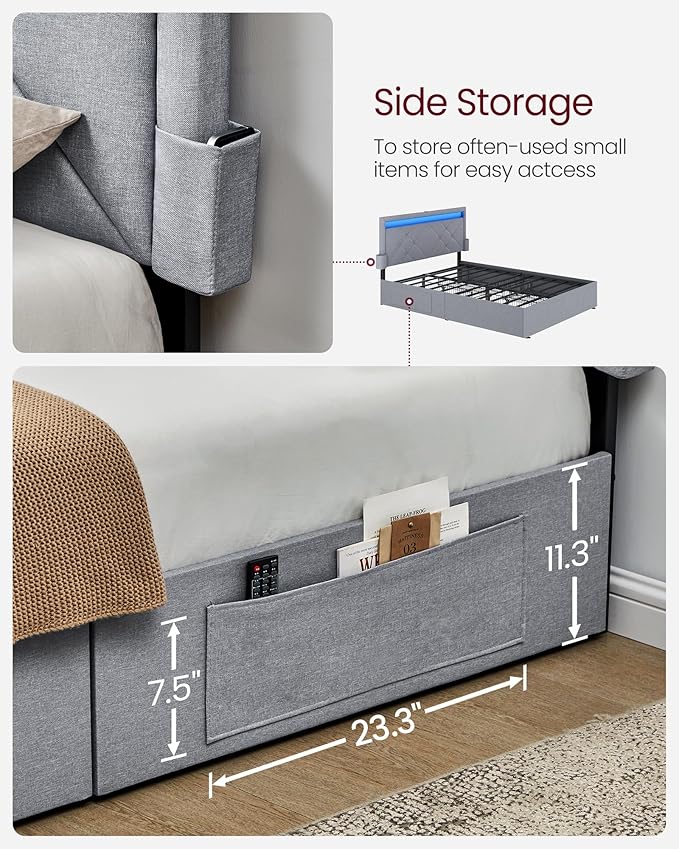 VASAGLE LED Bed Frame Full Size, Full Bed with Headboard and 4 Drawers, 1 USB Port and 1 Type C Port, Adjustable Upholstered Headboard 37.1/39.6 Inches, No Box Spring Needed, Light Gray URMB822G01