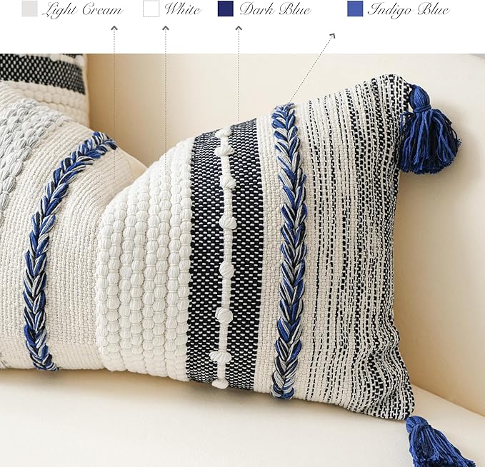 BlissBlush Navy Dark Blue Decorative Throw Pillow Cover 20x20 Square Boho Accent Pillowcase Tassels Farmhouse Cushion for Couch Sofa Bedroom Living Room Home Décor Cover ONLY