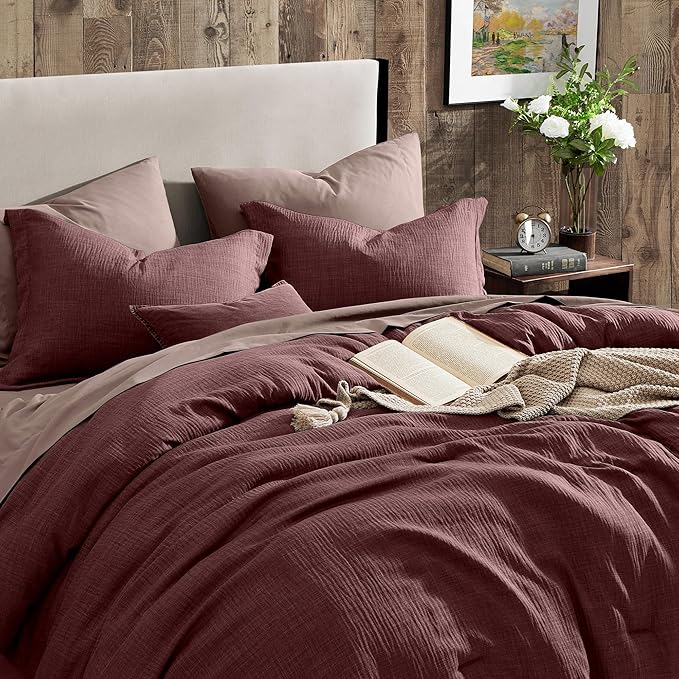 Geniospin King Size Comforter Set- 7 Piece Burgundy Textured King Bedding Set, Soft Solid Bed in a Bag for All Season, King Comforter Set with Sheets(Burgundy,102''x90'')