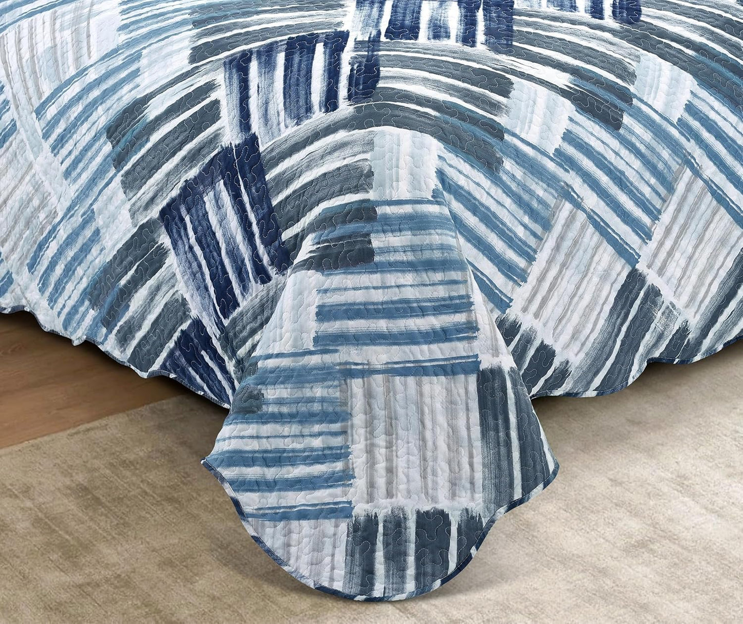 Brilliant Sunshine Blue and Grey Stripe Blocks Patchwork, 2-Piece Quilt Set with 1 Sham, Reversible Bedspread, Soft Lightweight Coverlet, All-Season, Twin, Blue Grey