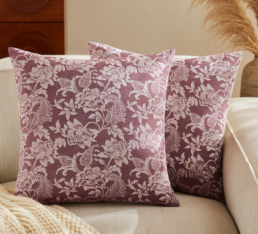 Floral Jacquard Throw Pillow Covers Set of 2, Background/Burgundy 24x24 Inch, Farmhouse Decorative Cotton Burgundy Cushion Covers for Sofa Bed Living Room Home Decor