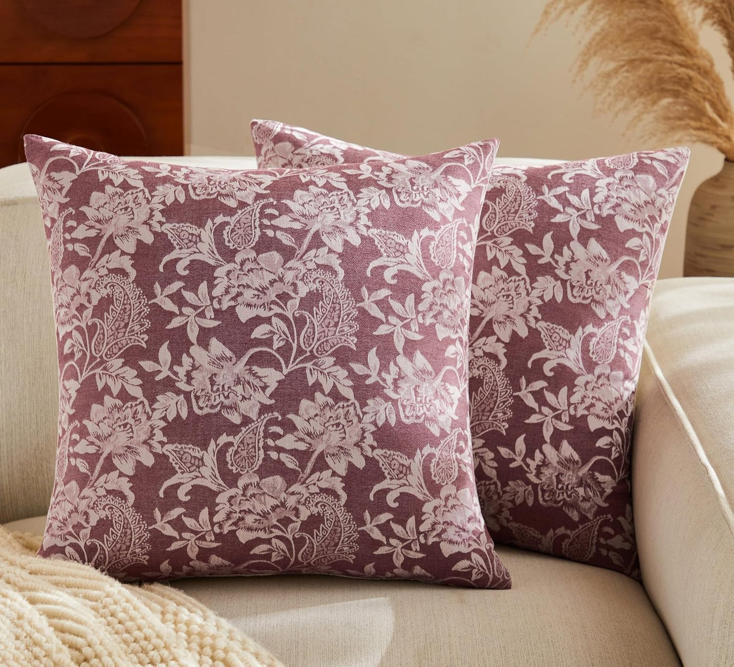 Floral Jacquard Throw Pillow Covers Set of 2, Background/Burgundy 16x16 Inch, Farmhouse Decorative Cotton Burgundy Cushion Covers for Sofa Bed Living Room Home Decor
