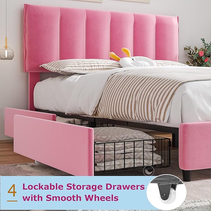 VECELO Queen Size Bed Frame with 4 Storage Drawers, Adjustable Height Headboard, Heavy-Duty Platform Bedframe with Strong Wooden Slats, No Box Spring Needed, Pink