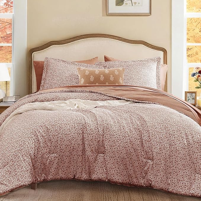 King Comforter Set - 7 Pieces Autumn Leaf Gauze Muslin Bedding Sets for All Seasons, Lightweight Breathable Bed in a Bag King with Revesible Farmhouse Comforter, Sheets, Pillowcases & Shams