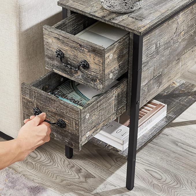 VECELO End Tables,Narrow Nightstands with Charging Station & USB Ports &Drawers,Night Stand for Living Room, Bedroom,Dust Grey