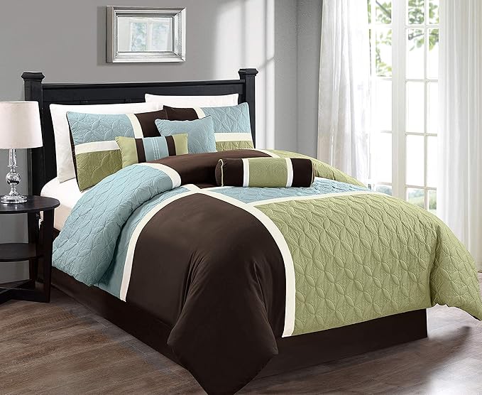 Chezmoi Collection 7-Piece Quilted Patchwork Comforter Set, Coffee Brown/Aqua Blue/Sage Green, California King