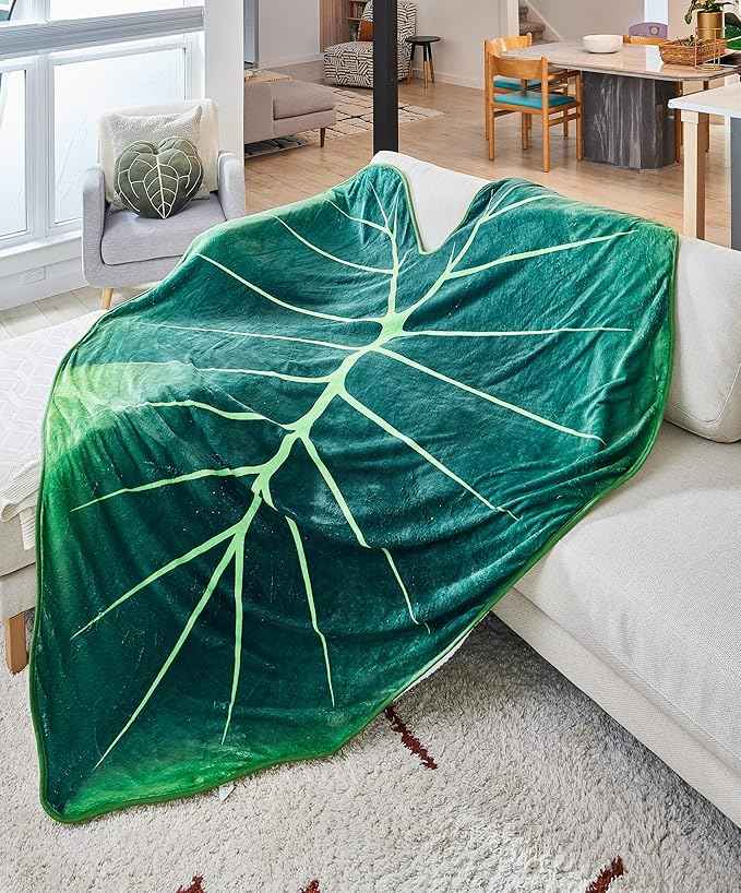 Green Philosophy Co. Regal Shield Alocasia Giant Leaf Shaped Blanket Monstera Flannel Throw Soft Cozy Breathable Lightweight and Decorative Leaves Design Gift for Plant Lovers Bed Sofa and Couch