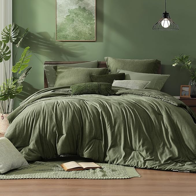 Monbix Super King Plus Comforter Set, Olive Green Cationic Dyeing Bedding Set Reversible, Bed in a Bag 7 Pieces with Comforter, Sheets, Pillowcases & Shams