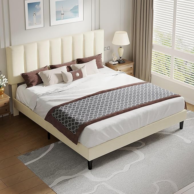 VECELO King Size Bed Frame with Upholstered Headboard, Heavy-Duty Bedframe with Strong Wooden Slats Support, No Boxing Spring Needed, Pale Beige