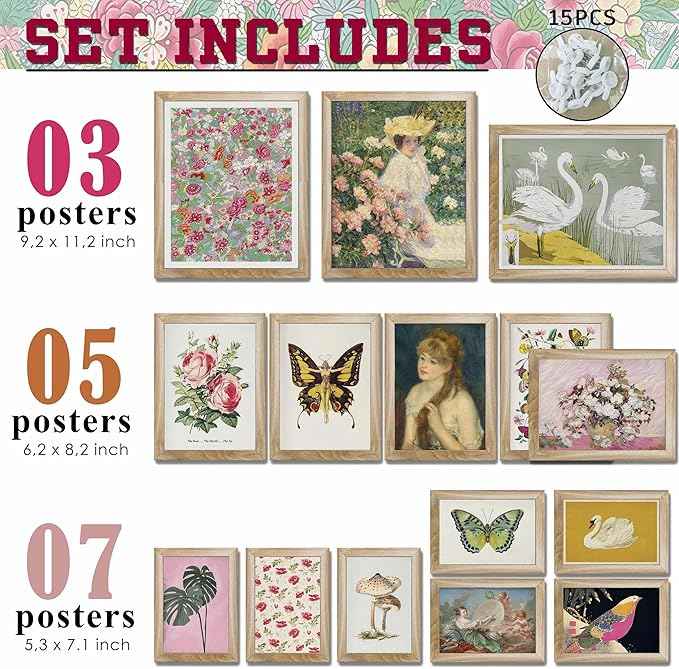 LANCHI95 15 Pcs FRAMED Eclectic Wall Decor, Colorful Eclectic Decor, Colorful Art, Girls Room, Vintage Wall Art Prints, Moody Maximalist Bedroom Decorations