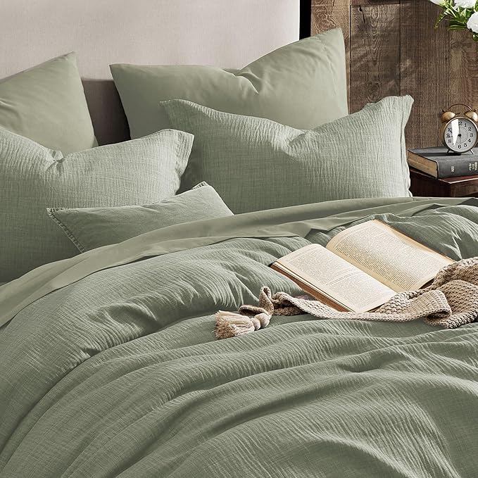Geniospin Queen Comforter Set - 7 Pieces Comforter Queen Size, Solid Bedding Set for All Season, Textured Bed in a Bag with Sheets, Pillowcases and Shams (Sage Green, 90''x90'')