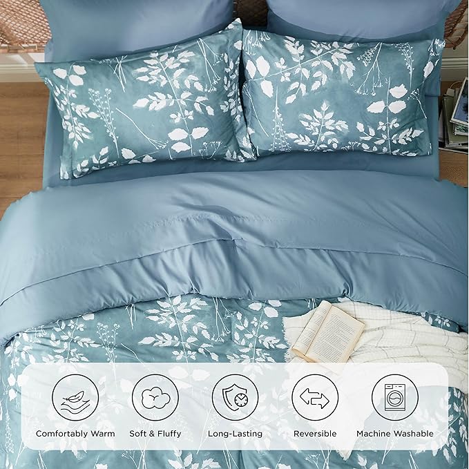 Bedsure Queen Comforter Set - 7 Pieces Floral Mineral Blue Soft Bedding Sets, Queen Bed in a Bag with Botanical Flowers Comforter, Sheets, Pillowcases & Shams