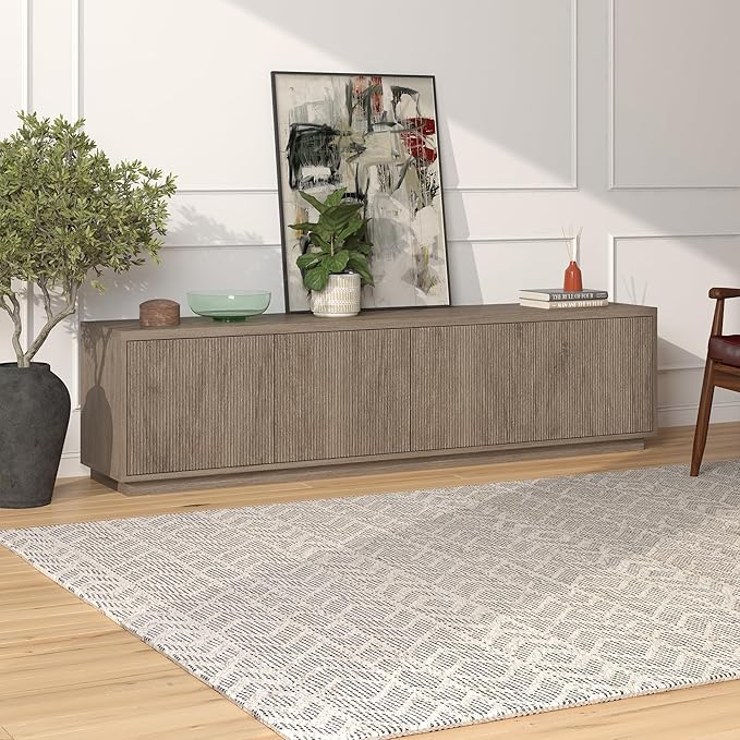 Henn&Hart Fluted TV Stand for TVs up to 85" with 2 Concealed Ribbed Storage Cabinets and Adjustable Shelves for Living Room, Family Room, or Office, Weathered Gray