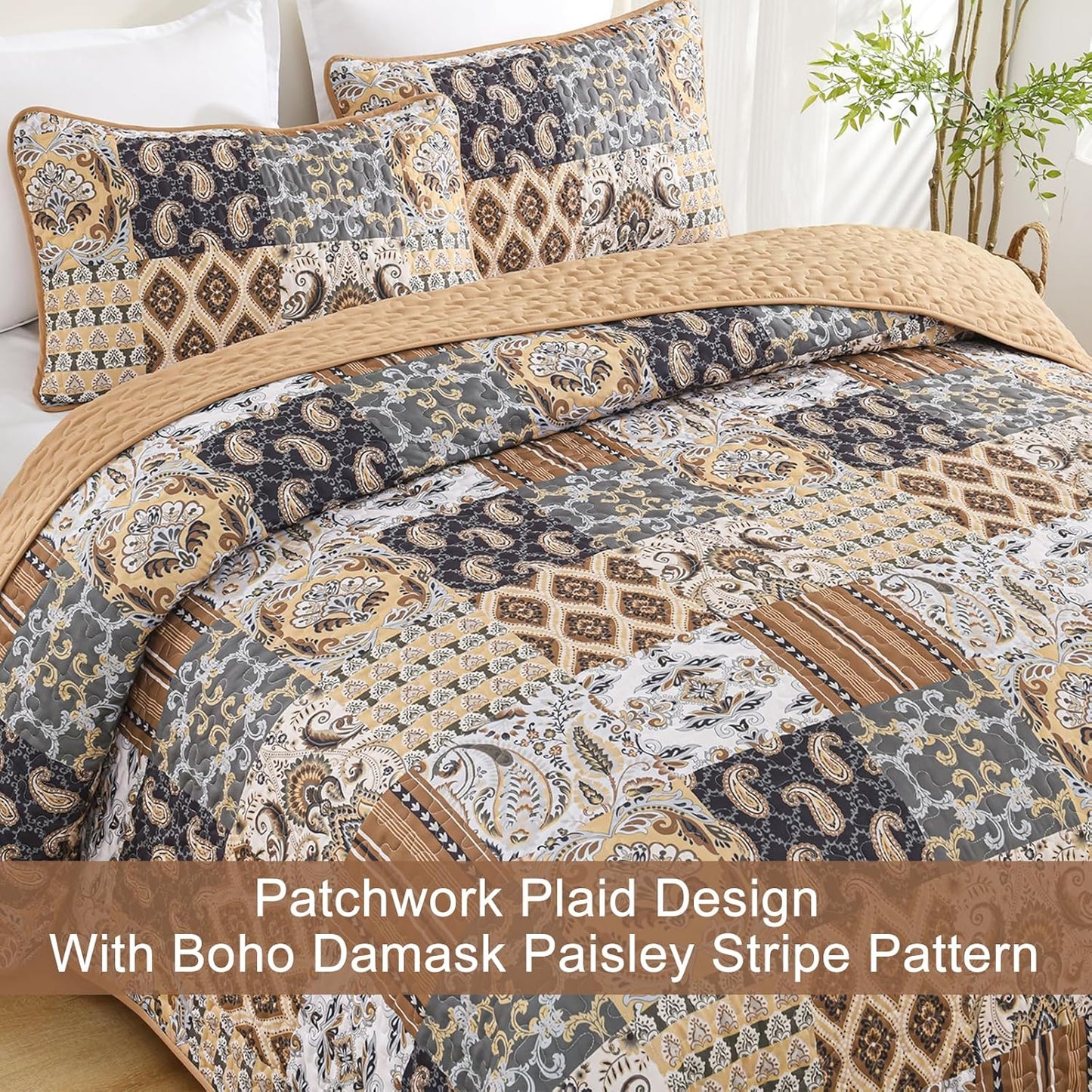 WONGS BEDDING Boho Quilt Set Queen Size, Dark Brown Plaid Patchwork Bedspread Bedding Set Soft Microfiber Quilt for Queen Bed Reversible 3 Pieces Coverlet Set for All Season (96"x90")