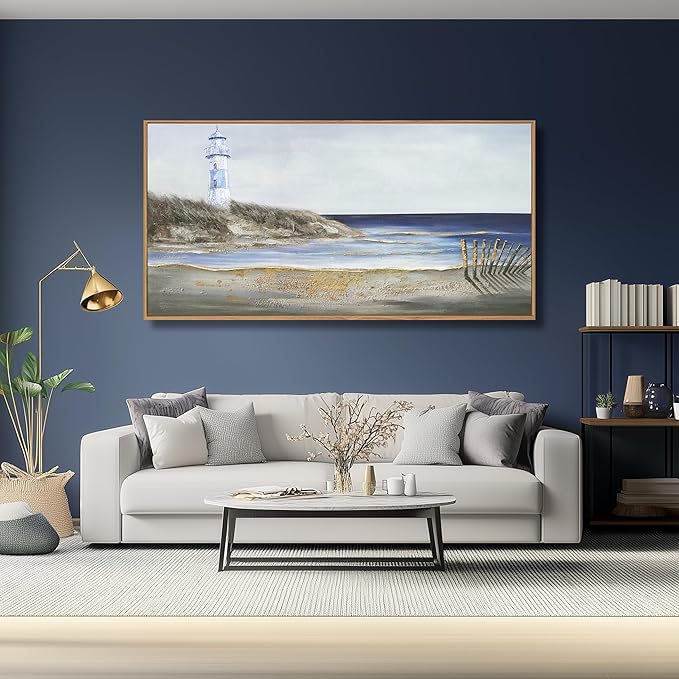 Yuaxker Ocean Wall Art Blue and Grey Wall Decor Framed Canvas Painting Coastal Aesthetic Artwork for Living Room Bedroom Dining Room Office Home Decor 24x48 Inch