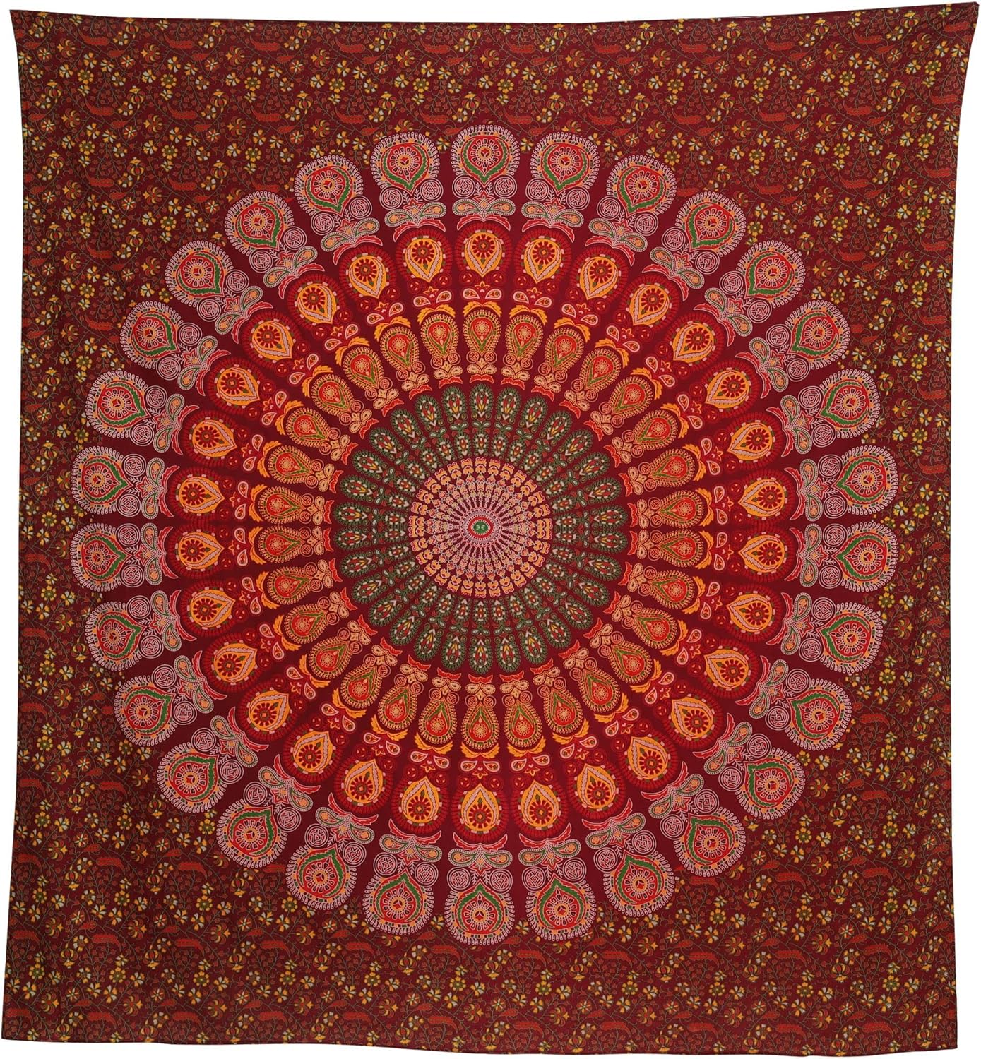 Bless International Handmade Indian hippie Bohemian Psychedelic Peacock Mandala Wall hanging College Dorm Beach Throws Table Cloth Bedding Tapestry (Maroon Yellow, Queen(84x90Inches)(215x230Cms))