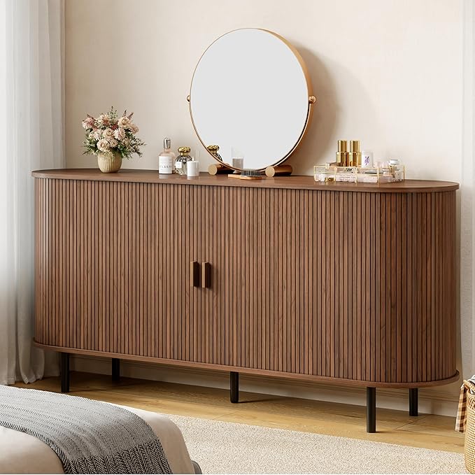 Buffet Sideboard Cabinet with Storage, 63" Fluted Cabinet with Sliding Door & Adjustable Shelf, Modern Accent Coffee Bar Console Table for Kitchen, Entryway, Walnut